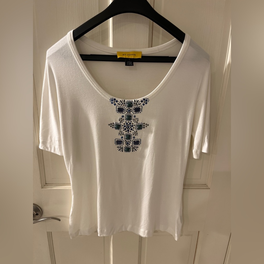 St. John White Tee with Blue and Green Accents